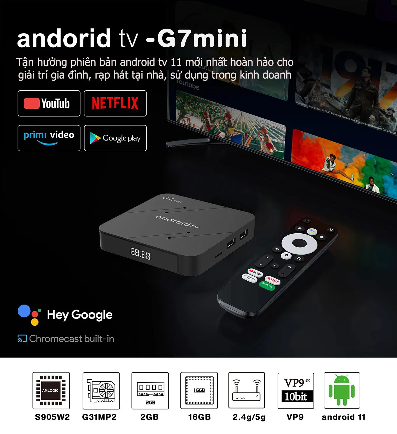 TV Box G7mini Android TV 11 WiFi Bluetooth Điều Khiển Bằng Giọng Nói