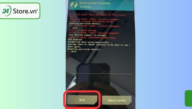 Đợi máy thực hiện quá trình format data, sau đó thì bạn chọn back