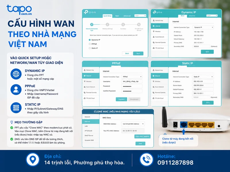 Bước 4: Cấu hình WAN theo nhà mạng Việt Nam
