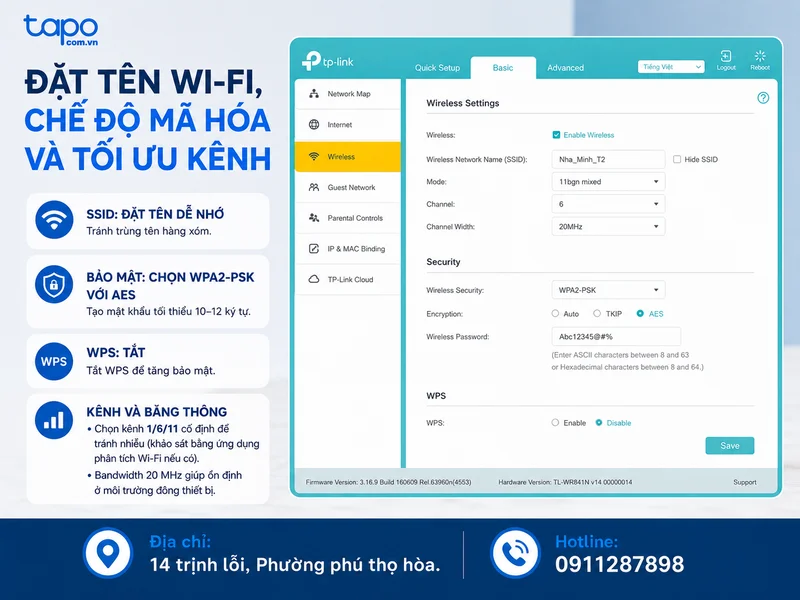 Bước 5: Đặt tên Wi‑Fi, chế độ mã hóa và tối ưu kênh