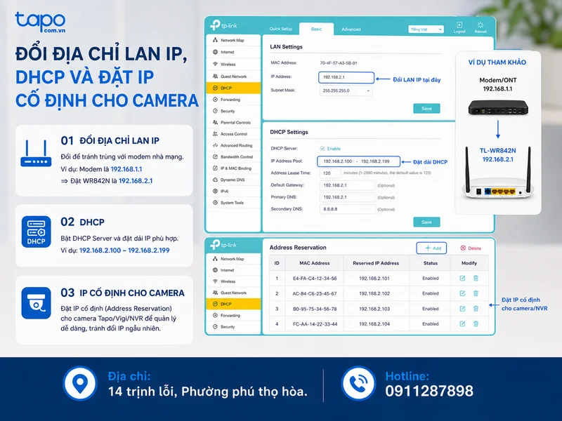 Bước 6: Đổi địa chỉ LAN IP, DHCP và đặt IP cố định cho camera