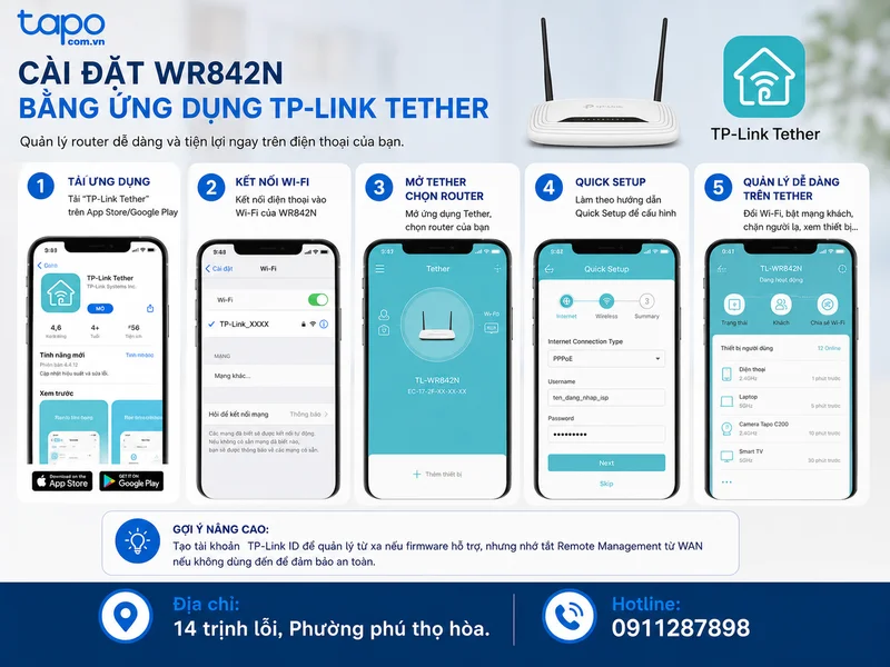Cài đặt WR842N bằng điện thoại qua ứng dụng TP‑Link Tether