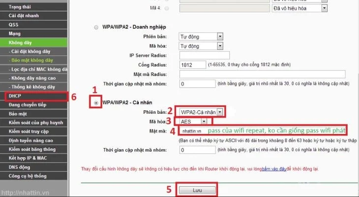Bước 5: Thiết lập bảo mật Wi-Fi phát lại 