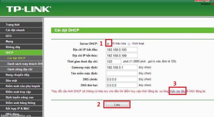 Bước 6: Tắt DHCP và chỉnh IP LAN tránh xung đột