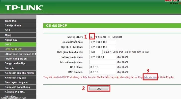 Bước 6: Tắt DHCP và chỉnh IP LAN tránh xung đột