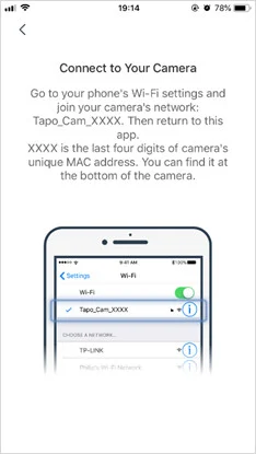 Màn hình chọn Wi‑Fi “Tapo_Cam_XXXX” khi cài đặt