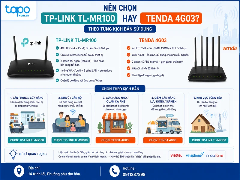 Nên chọn TP-Link TL-MR100 hay Tenda 4G03 theo từng kịch bản sử dụng?