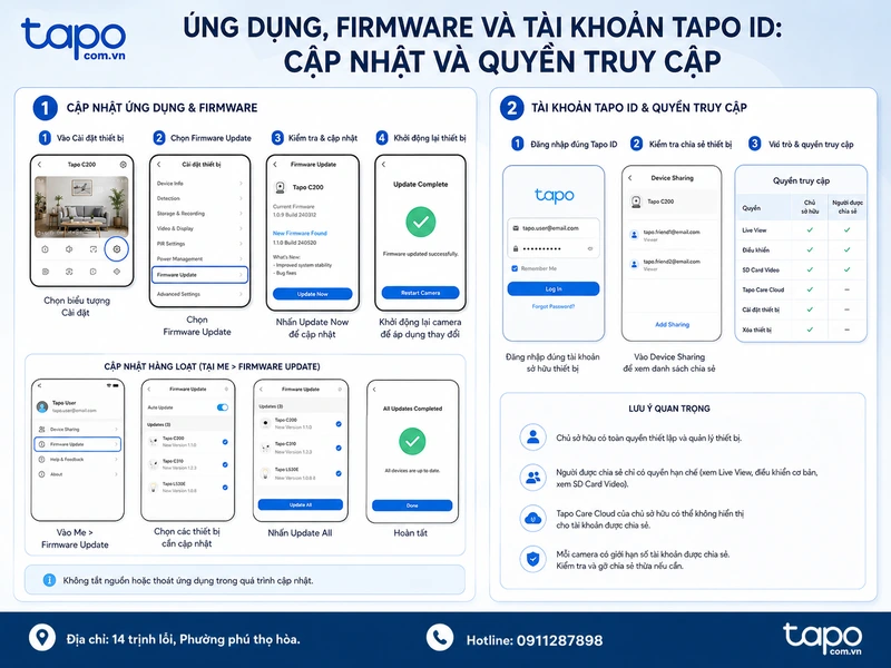 Ứng dụng, firmware và tài khoản Tapo ID: cập nhật và quyền truy cập