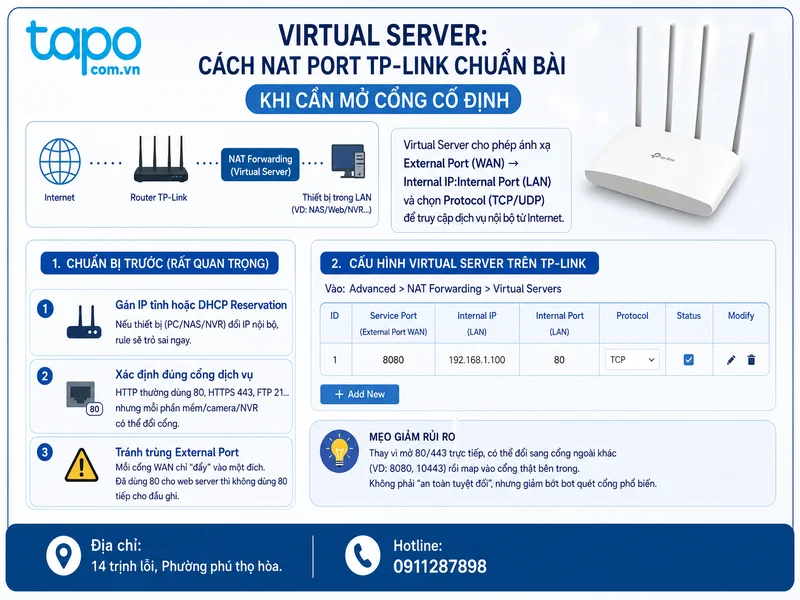 Virtual Server: Cách NAT port TP-Link chuẩn bài khi cần mở cổng cố định