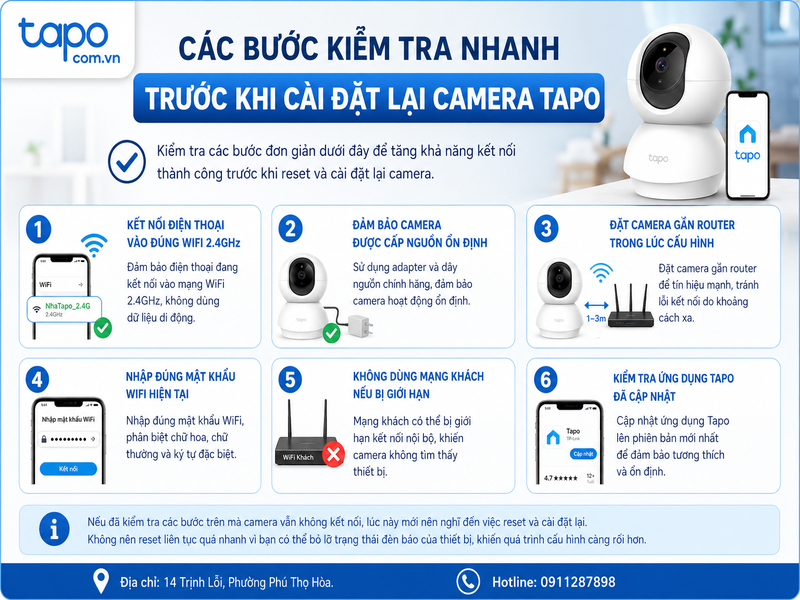 Các bước kiểm tra nhanh trước khi cài đặt lại camera Tapo