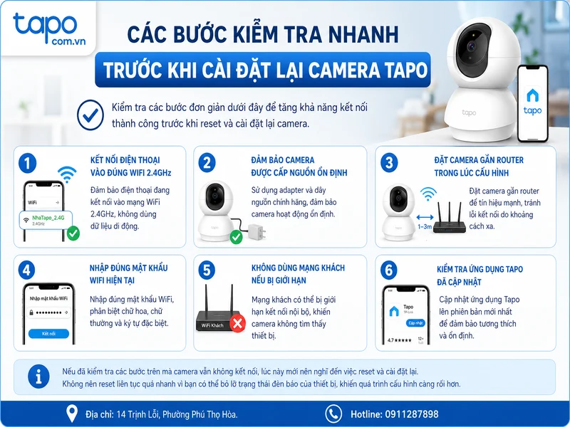 Các bước kiểm tra nhanh trước khi cài đặt lại camera Tapo