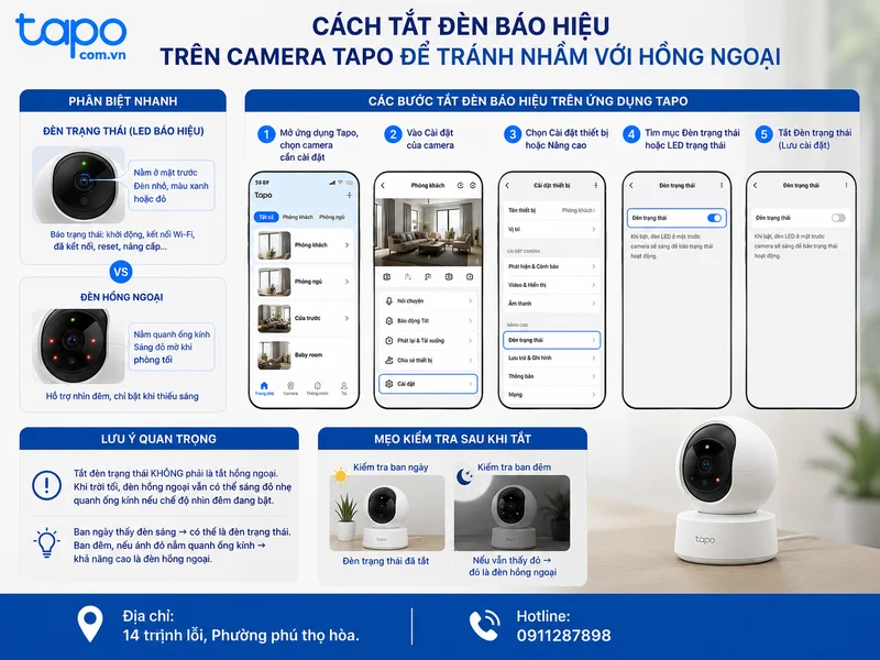 Cách tắt đèn báo hiệu trên camera Tapo để tránh nhầm với hồng ngoại