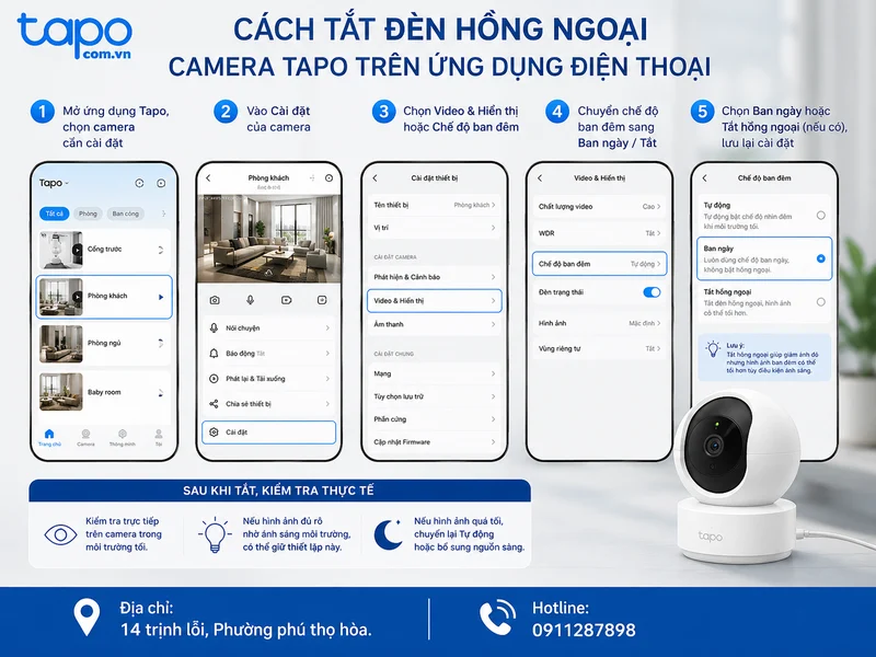 Cách tắt đèn hồng ngoại camera Tapo trên ứng dụng điện thoại