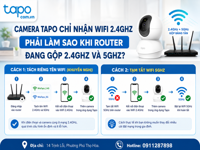 Camera Tapo chỉ nhận WiFi 2.4GHz phải làm sao khi router đang gộp 2.4GHz và 5GHz?