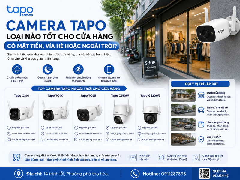 Camera Tapo loại nào tốt cho cửa hàng có mặt tiền, vỉa hè hoặc khu vực ngoài trời?