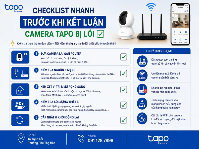 Checklist nhanh trước khi kết luận camera Tapo bị lỗi