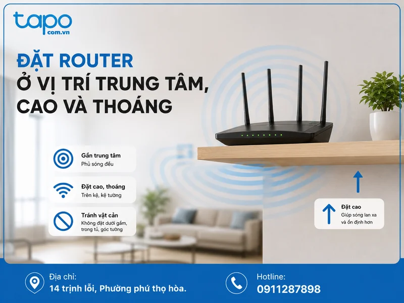 Đặt router ở vị trí trung tâm, cao và thoáng