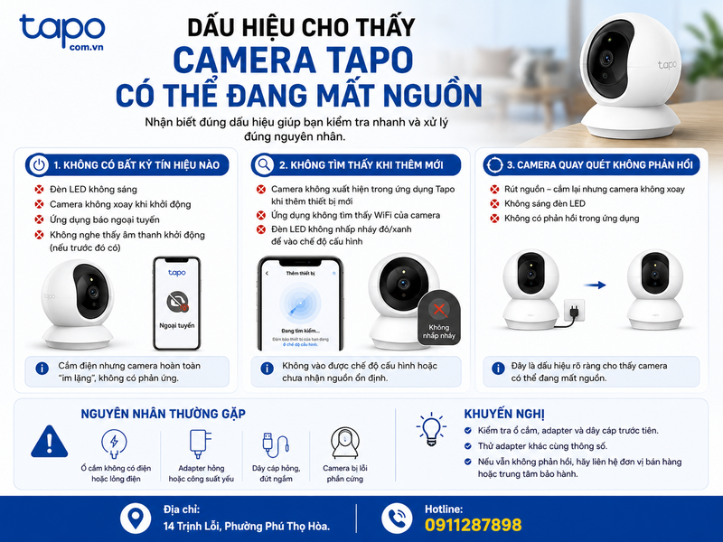 Dấu hiệu cho thấy camera Tapo có thể đang mất nguồn