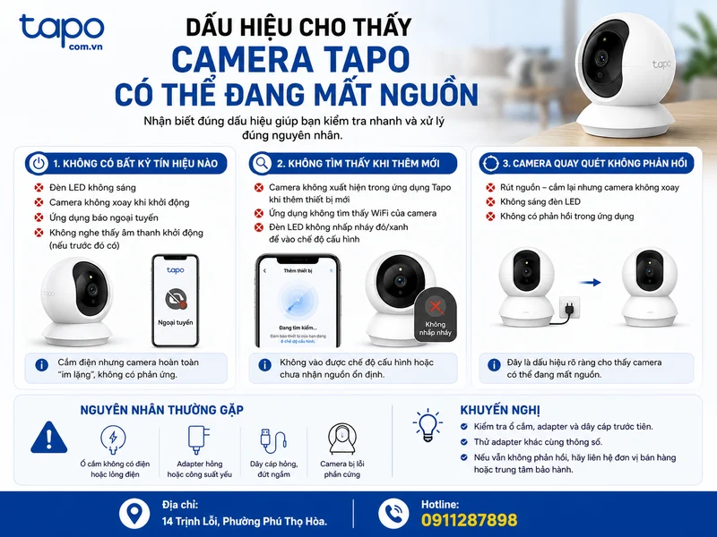 Dấu hiệu cho thấy camera Tapo có thể đang mất nguồn