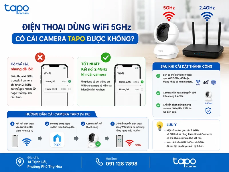 Điện thoại đang dùng WiFi 5GHz thì có cài camera Tapo được không?