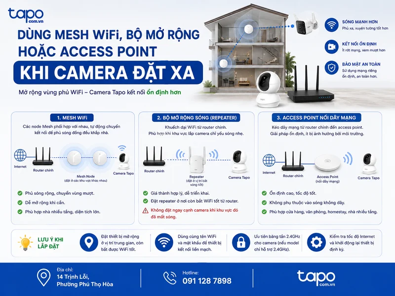 Dùng Mesh WiFi, bộ mở rộng sóng hoặc access point khi camera đặt xa