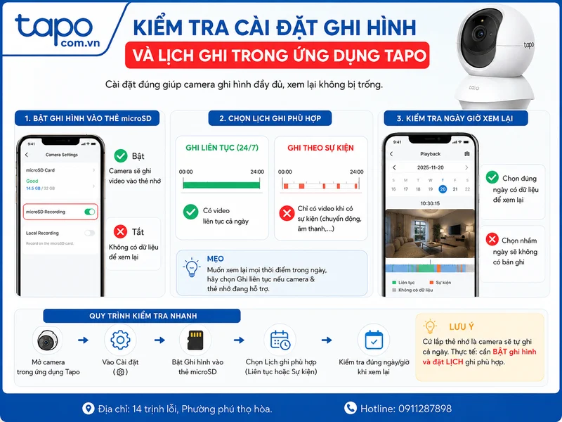 Kiểm tra cài đặt ghi hình và lịch ghi trong ứng dụng Tapo