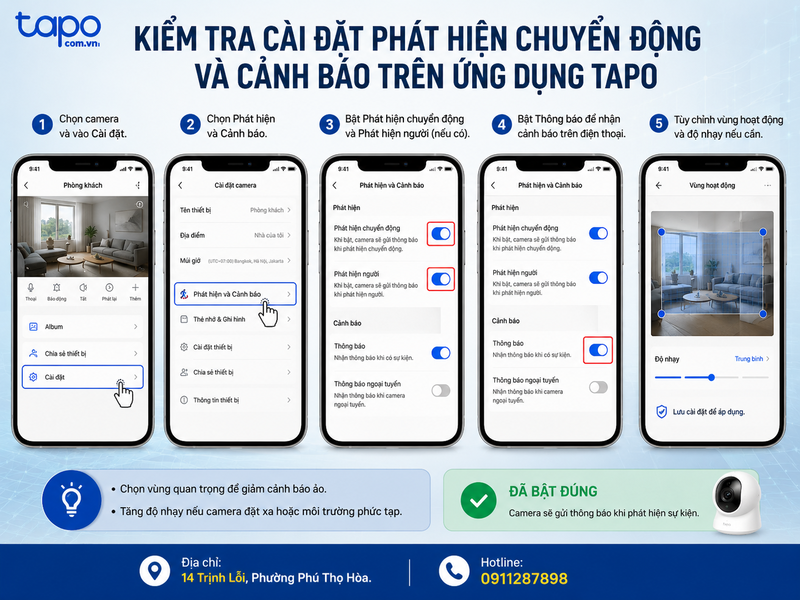 Kiểm tra cài đặt phát hiện chuyển động và cảnh báo trên ứng dụng Tapo