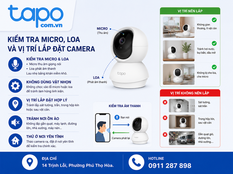 Kiểm tra micro, loa và vị trí lắp đặt camera