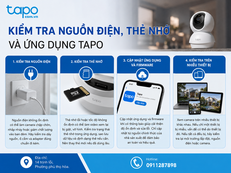 Kiểm tra nguồn điện, thẻ nhớ và ứng dụng Tapo