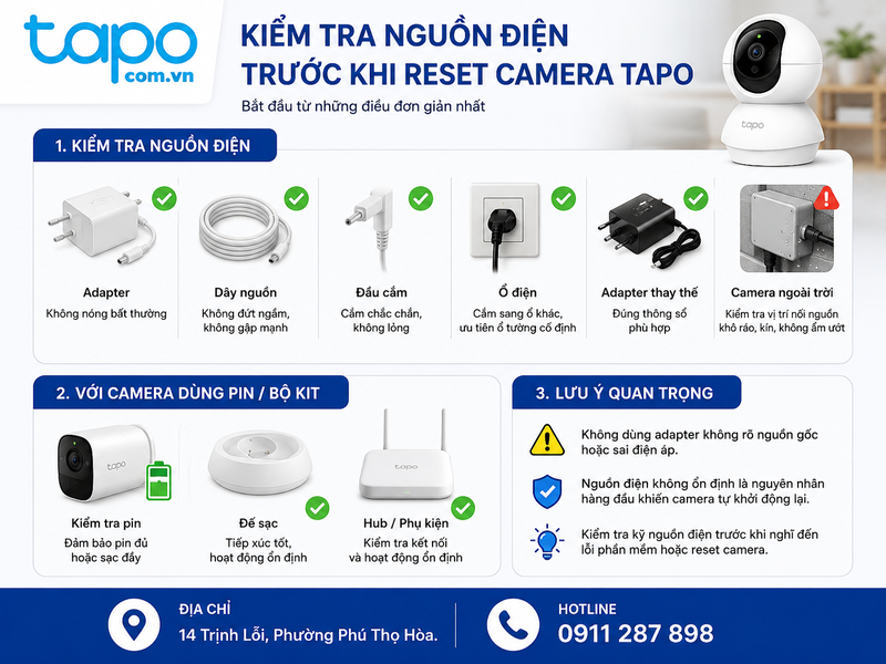Kiểm tra nguồn điện trước khi reset camera Tapo