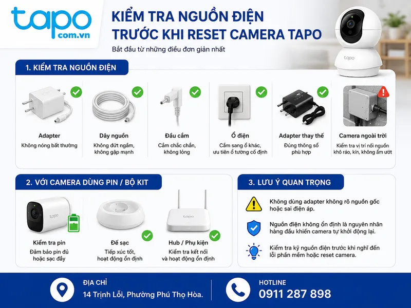Kiểm tra nguồn điện trước khi reset camera Tapo