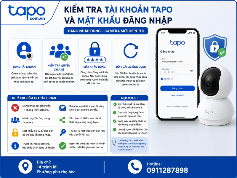 Kiểm tra tài khoản Tapo và mật khẩu đăng nhập