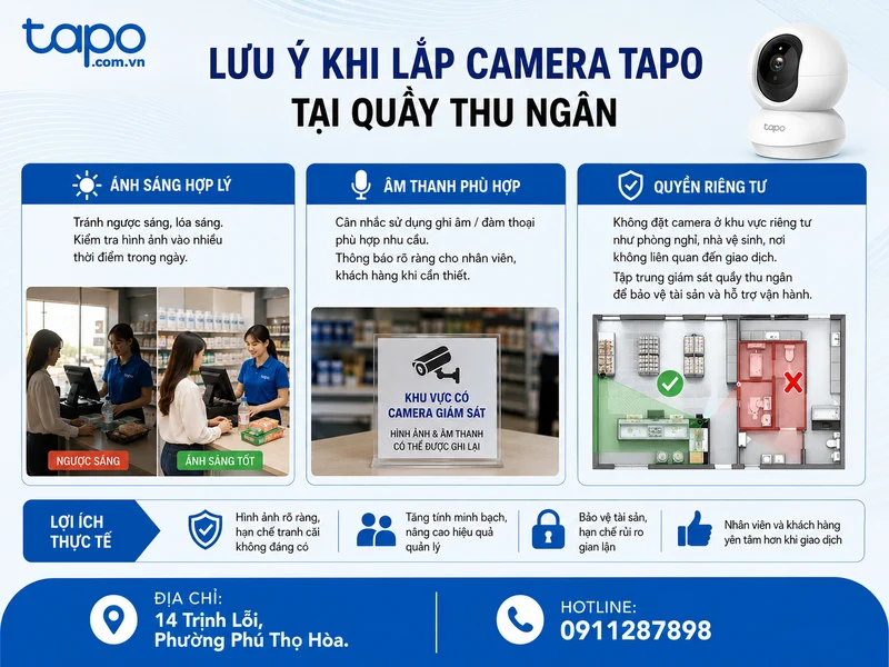 Lưu ý về ánh sáng, âm thanh và quyền riêng tư khi lắp camera tại quầy