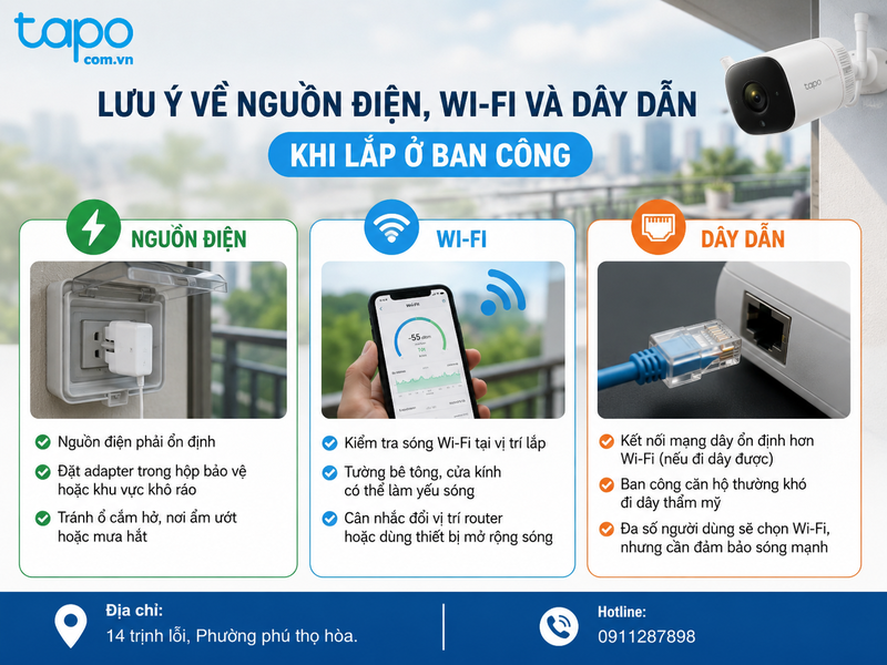 Lưu ý về nguồn điện, Wi-Fi và dây dẫn khi lắp ở ban công