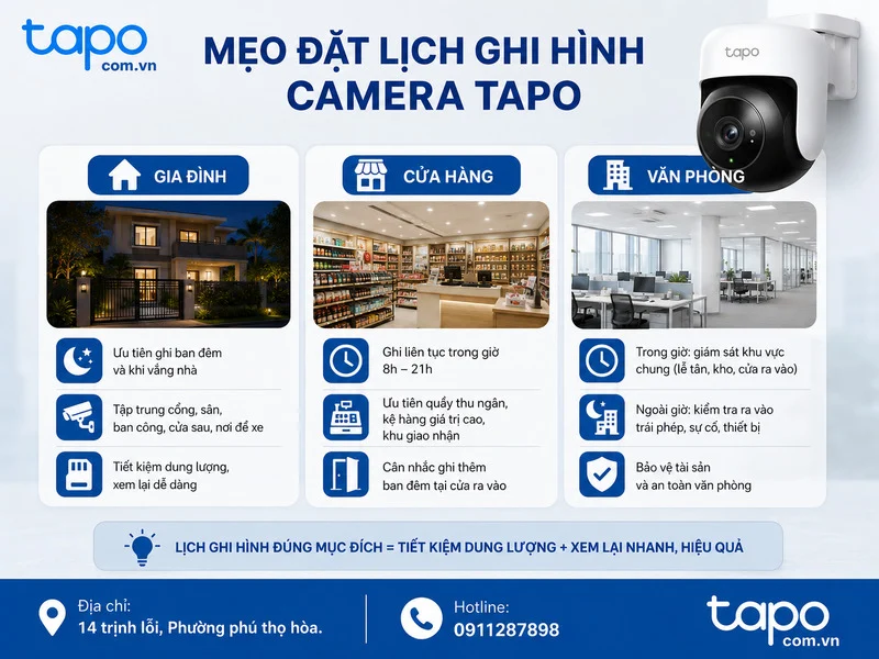 Mẹo đặt lịch ghi hình camera Tapo cho gia đình, cửa hàng và văn phòng