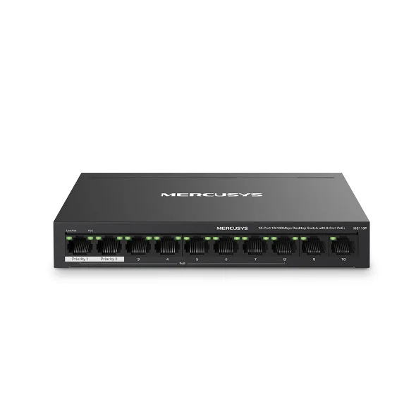 Mercusys MS110P - Switch Để Bàn 10 Cổng 10/100M, 8 x cổng PoE+, Vỏ kim loại PORT: 8× 10/100 Mbps PoE+ Ports, 2× 10/100 Mbps Non-PoE Ports