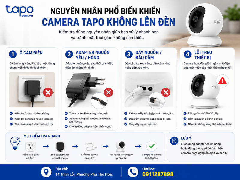Nguyên nhân phổ biến khiến camera Tapo không lên đèn