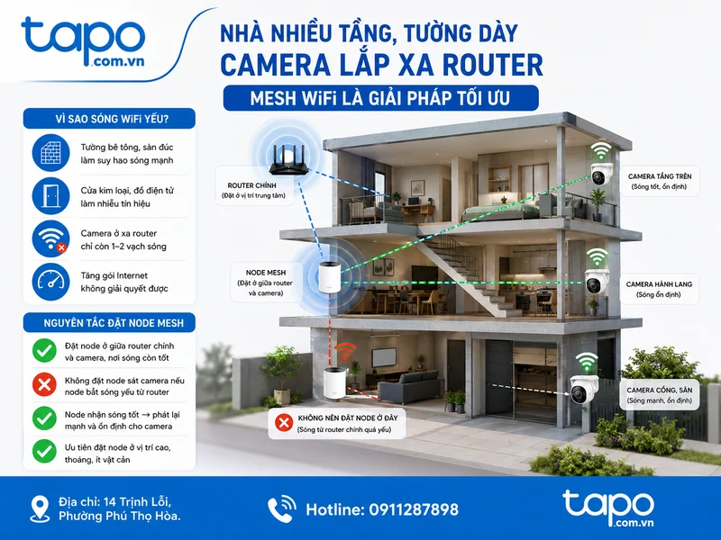 Nhà nhiều tầng, tường dày, camera lắp xa router