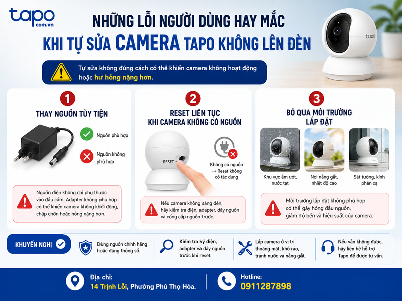 Những lỗi người dùng hay mắc khi tự sửa camera Tapo không lên đèn