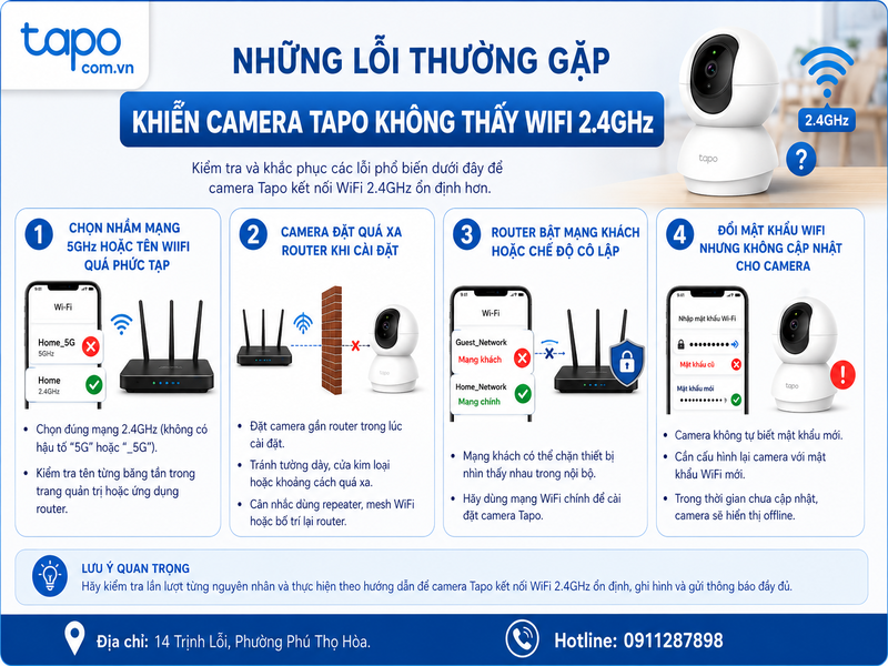 Những lỗi thường gặp khiến camera Tapo không thấy WiFi 2.4GHz