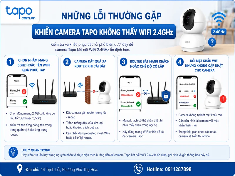 Những lỗi thường gặp khiến camera Tapo không thấy WiFi 2.4GHz