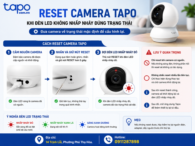 Reset camera Tapo khi đèn LED không nhấp nháy đúng trạng thái.