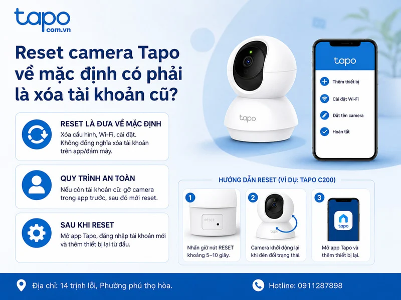 Reset camera Tapo về mặc định nhà sản xuất có phải là xóa tài khoản cũ không?