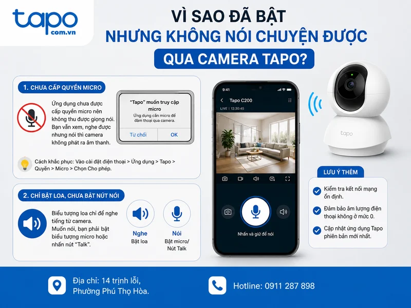 Vì sao đã bật nhưng không nói chuyện được qua camera Tapo?