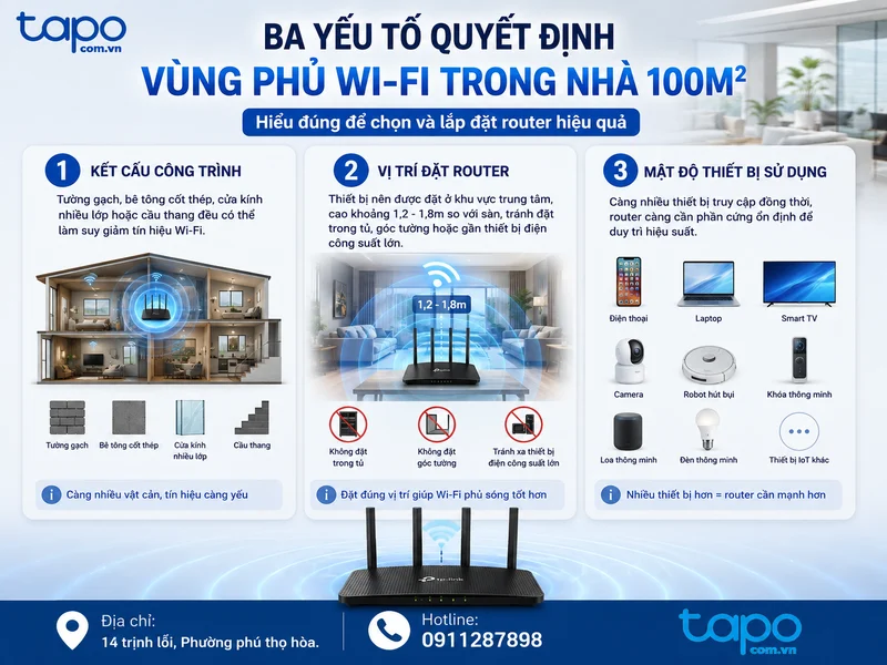 Ba yếu tố quyết định vùng phủ Wi-Fi trong nhà 100m2