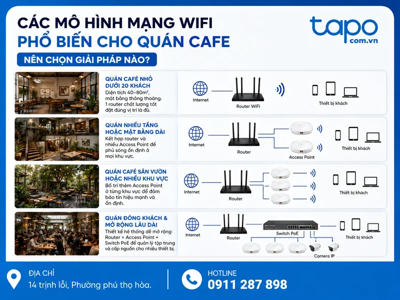 Các mô hình mạng WiFi phổ biến cho quán cafe và nên chọn giải pháp nào