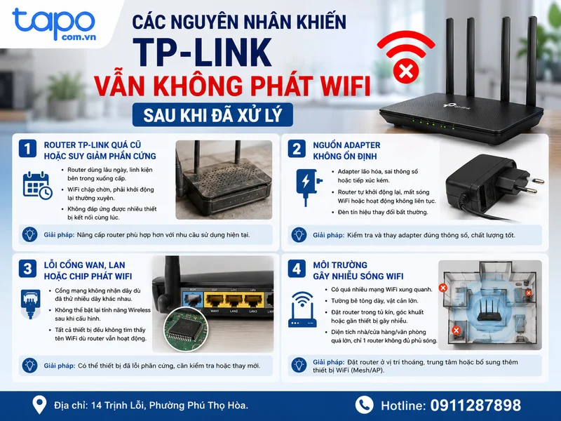 Các nguyên nhân khiến TP-Link vẫn không phát WiFi sau khi đã xử lý