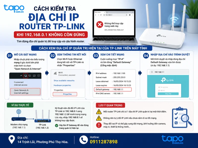 Cách kiểm tra địa chỉ IP router TP-Link khi 192.168.0.1 không còn đúng