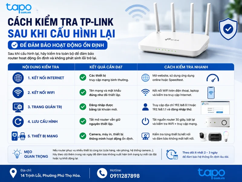 Cách kiểm tra TP-Link sau khi cấu hình lại để đảm bảo hoạt động ổn định