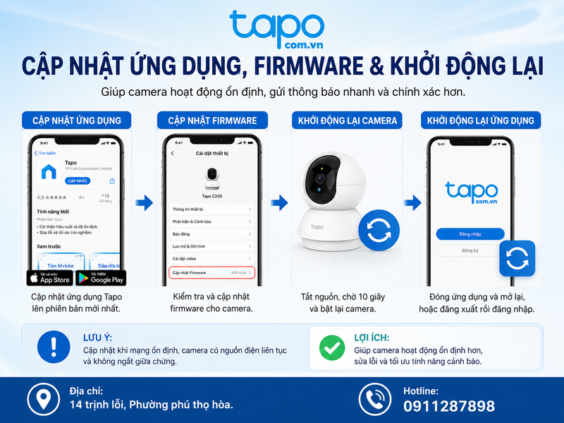 Cập nhật ứng dụng, firmware và khởi động lại thiết bị